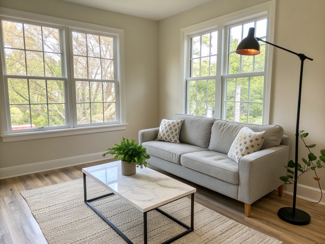 Warm lit living room showcasing residential cleaning